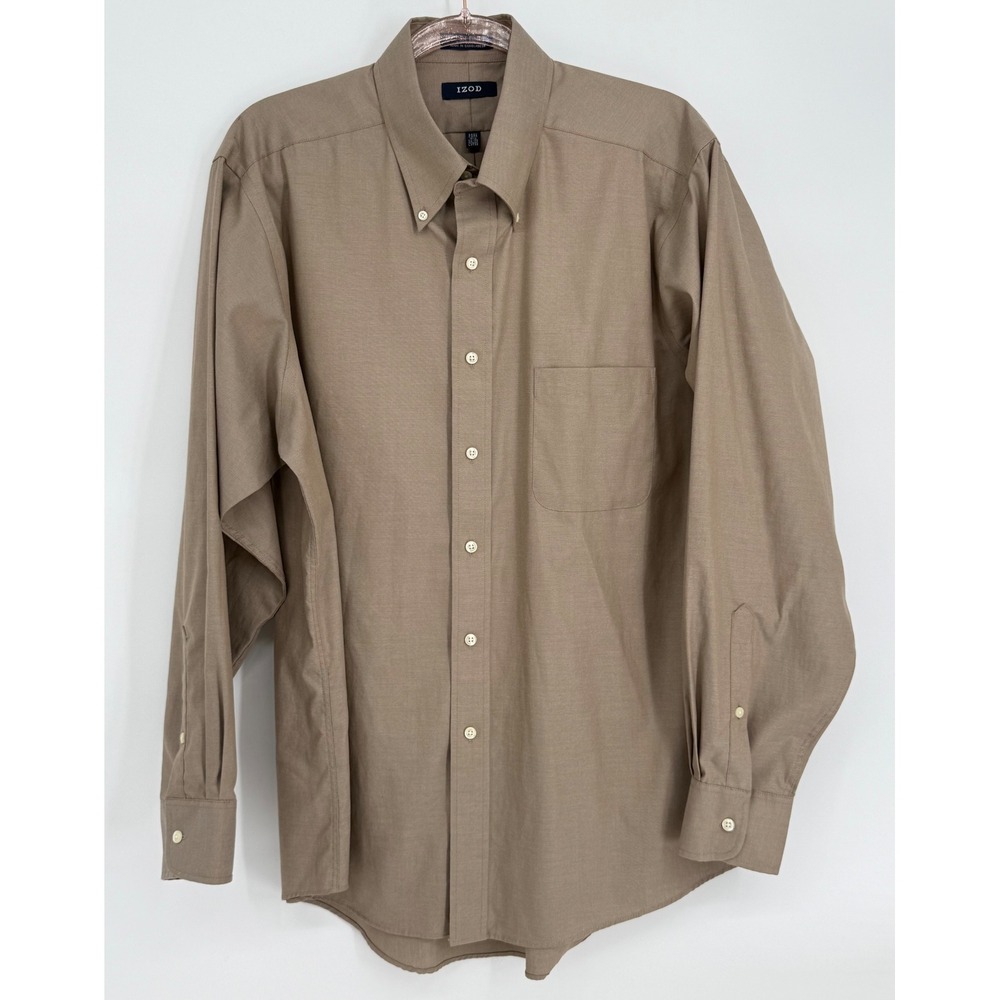 IZOD Mens Tan Easy Care 80s 2-Ply Pinpoint Cotton Button‎ Down Shirt Khaki Sz L